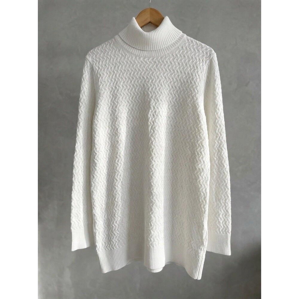 Lands End White Cable Knit Long Sleeve Turtleneck Tunic Sweater Women’s Large